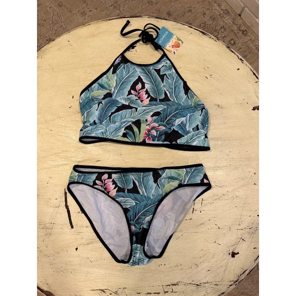 Aonihua Bikini Set Women 2XL Tropical Leaf High Neck Halter Two Piece Swimsuit